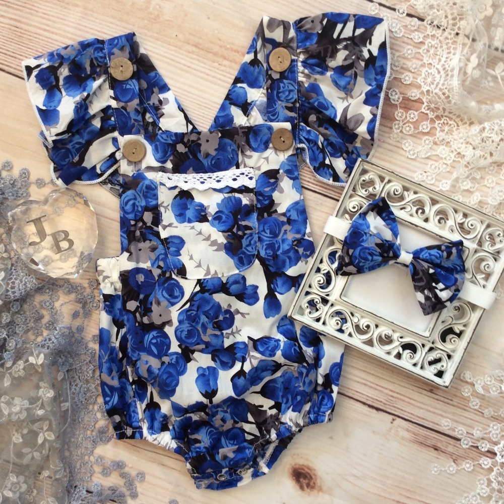 Boutique Baby Girl Blue Floral Romper 2pc